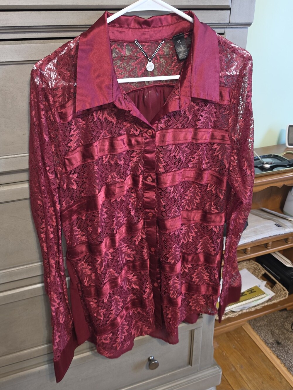 Buckle Women's Burgundy Lace Satin-Striped Button-Up Blouse